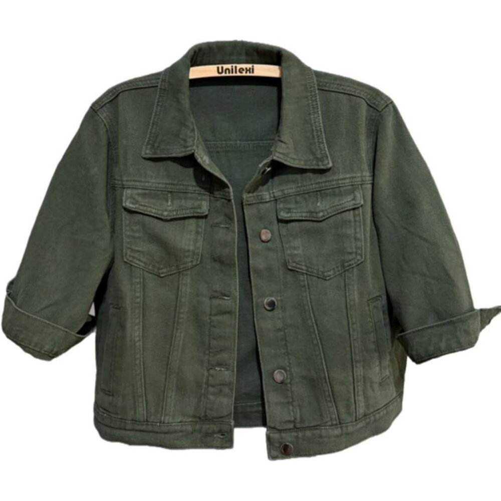 Women's 3/4 Sleeve Colored Cropped Denim Jacket Short Jean Jacket Army Green